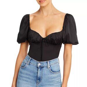 FOR LOVE & LEMONS Satin Pixie Puff-Sleeve Bodysuit